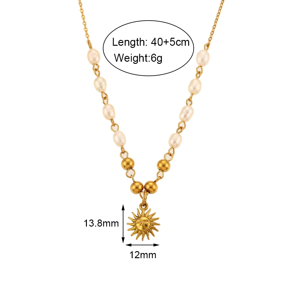 Freshwater Pearl Gold Color Beads Chain Stainless Steel Necklace Optimistic Sun Pendant Necklace For Woman Christmas Gift