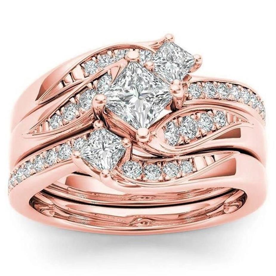 Anneaux de mariage Classique Princesse Ensemble Charme Rose Or Zircon Bague de Fiançailles Anniversaire Cadeau De Mariée Pour Les Femmes Bijoux De Mode2825