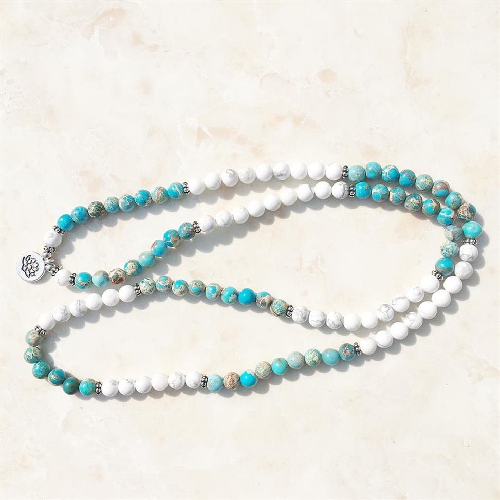 SN1101 Howlite Jasper Mala Pulseira 108 Contas Mala Wrap Pulseira ou Colar Reiki Rosário Oração Pulseira de Lótus 239p