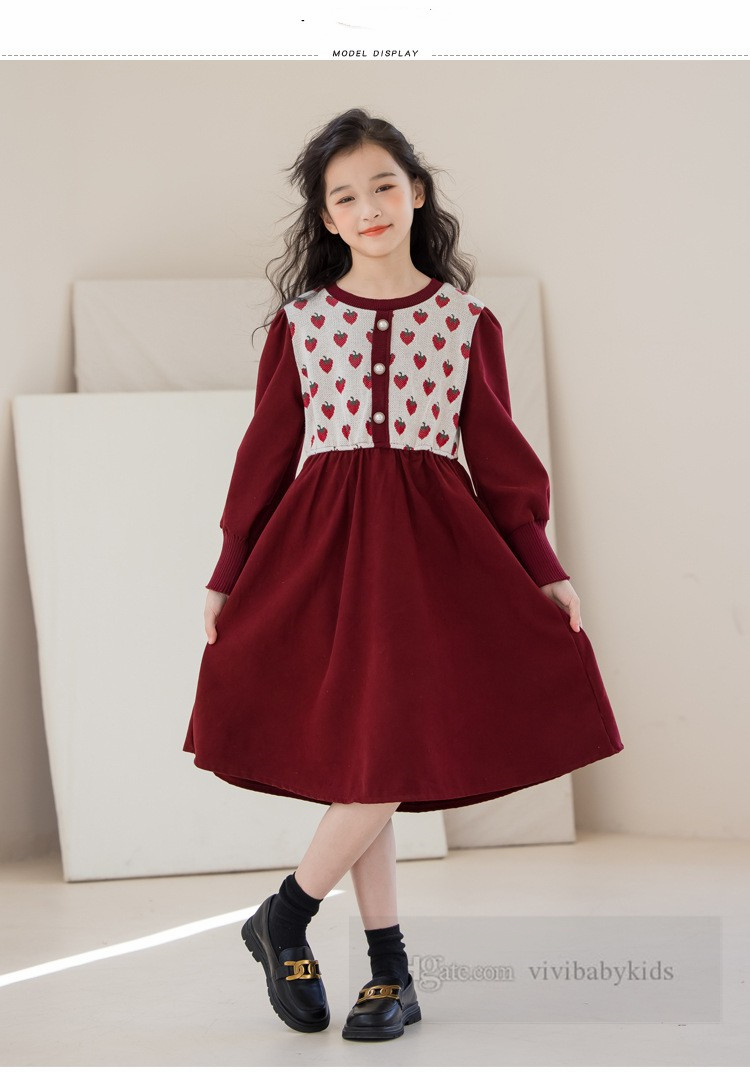 2024 Spring Big girls strawberry pattern knitted dresses old kids puff sleeve princess dress Valentine's Day teenagers clothes Z6391