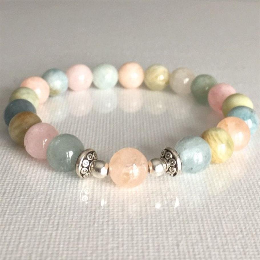 MG0817 Bracciale genuino con morganite da 8 mm Bracciale Chakra del cuore Portafortuna le donne Bracciale gemma curativo Dainty Yoga Mala Bracciale2347