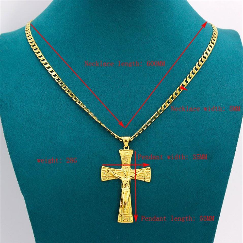 Massiver 10-Karat-Gelbgold-gefüllter Jesus-Charm mit breitem Kreuz, großer Anhänger 55 x 35 mm mit 24 kubanischen Miami-Ketten 600 x 5 mm3201