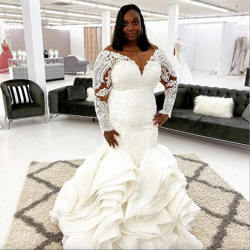 Plus Size African Mermaid Wedding Dresses 2024 Luxury Cathedral Ruffles Train Lace Long Sleeve Arabic Aso Ebi Bridal Dress Wear