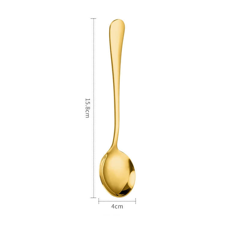 Round Stainless Steel Spoon Gold Metal Breakfast Soup Tableware 158mm Barware Kitchen Tools Dessert Milk Tea Watermelon Ice Cream Coffee Drinking Filter Flatware