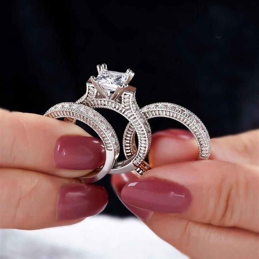 Bagues de luxe en diamant simulé taille princesse, ensembles 3 en 1, bague de fiançailles, de mariage pour femmes, plaqué or blanc 14 carats, bijoux 310A