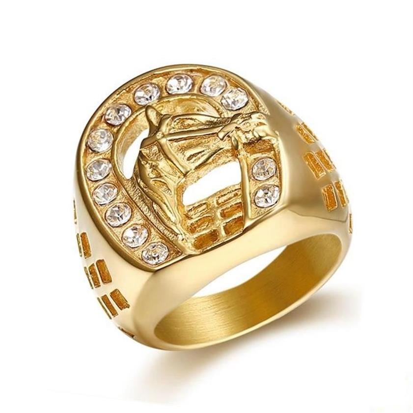 Cluster Ringe Hip Hop Micro Pave Strass Iced Out Bling Pferd Ring IP Gold gefüllt Titan Edelstahl für Männer Schmuck2065