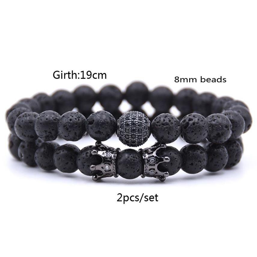 Nieuwe Mode Paar Armband 2 Stuk Sets Mannen Sieraden 8 Mm Natuurlijke Lavasteen Micro-Inlay Zirkoon Kroon Charm armbanden Voor Women309B