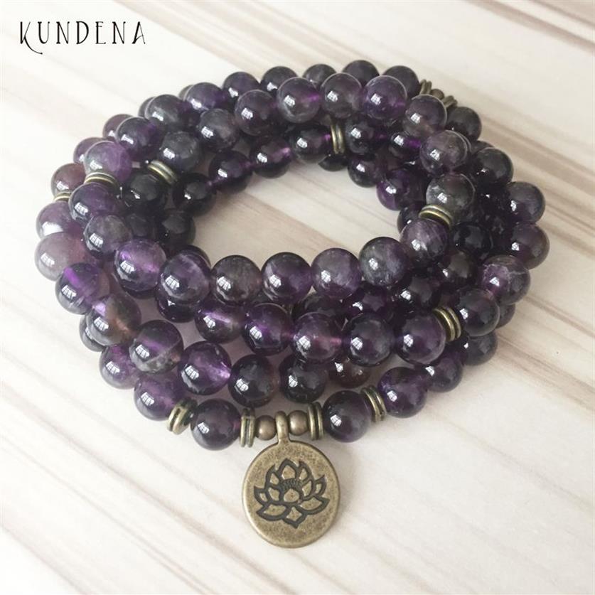 108 Amethisten Mala Yoga armband paarse natuursteen Lotus armband of ketting Boeddha charme pols 5 gewikkelde armband Y1218186c