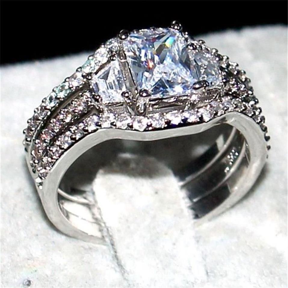 Mode 10KT Weißgold gefüllt quadratische Form Diamant CZ Edelstein Ringe Sets 3-in-1 Schmuck Cocktail Hochzeit Band Ring Finger für Wo288g