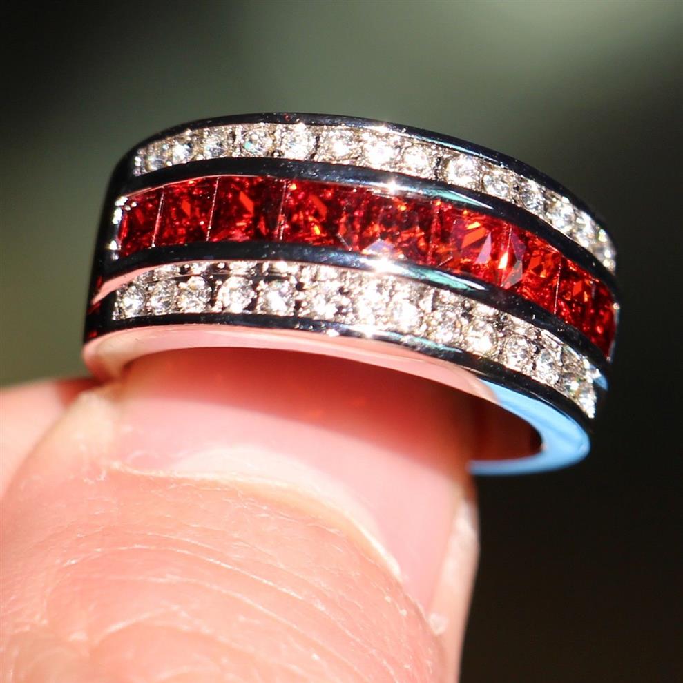 Taille 8-12 Bijoux de mode Bijoux antiques Hommes Garnet Diamonique Cz Diamant Pierre précieuse 10KT Or blanc rempli Bague de mariage cadeau 234a