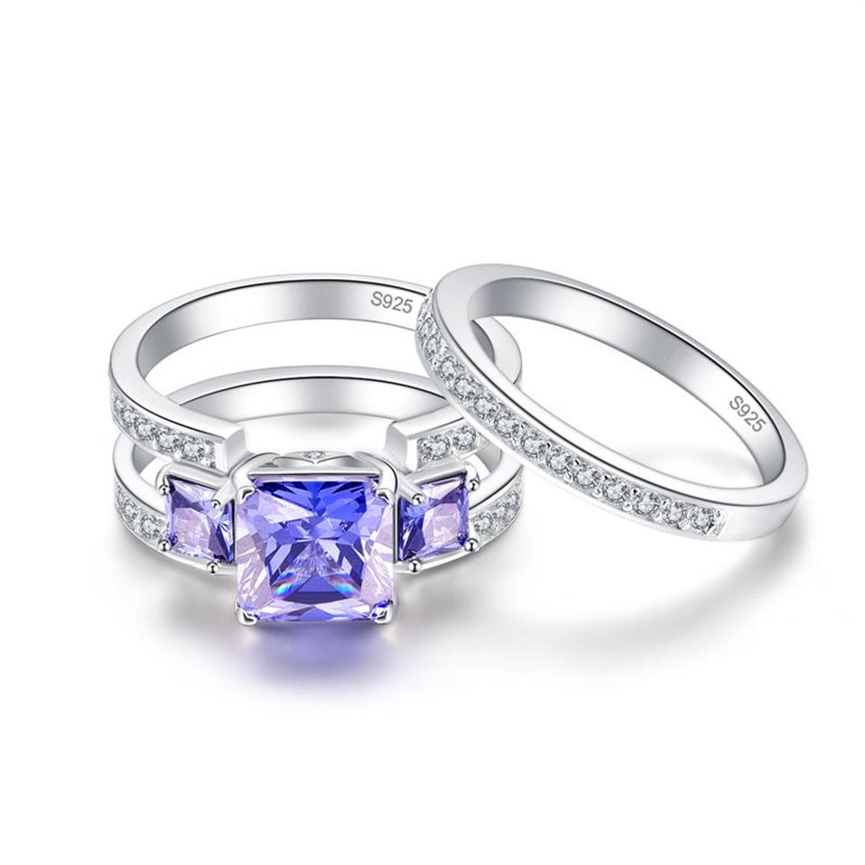 BONLAVIE 4Ct creado tanzanita 925 anillos de compromiso de plata esterlina 2 uds conjunto de anillos de boda bisutería para mujer joyería fina 318g