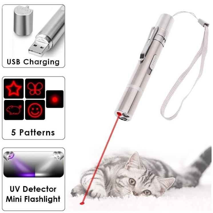 USB-лазерный свет, светодиодная ручка, игрушки для кошек, мини-перезаряжаемый лазер из нержавеющей стали с несколькими узорами, 3 в 1, дрессировка домашних животных SN4531