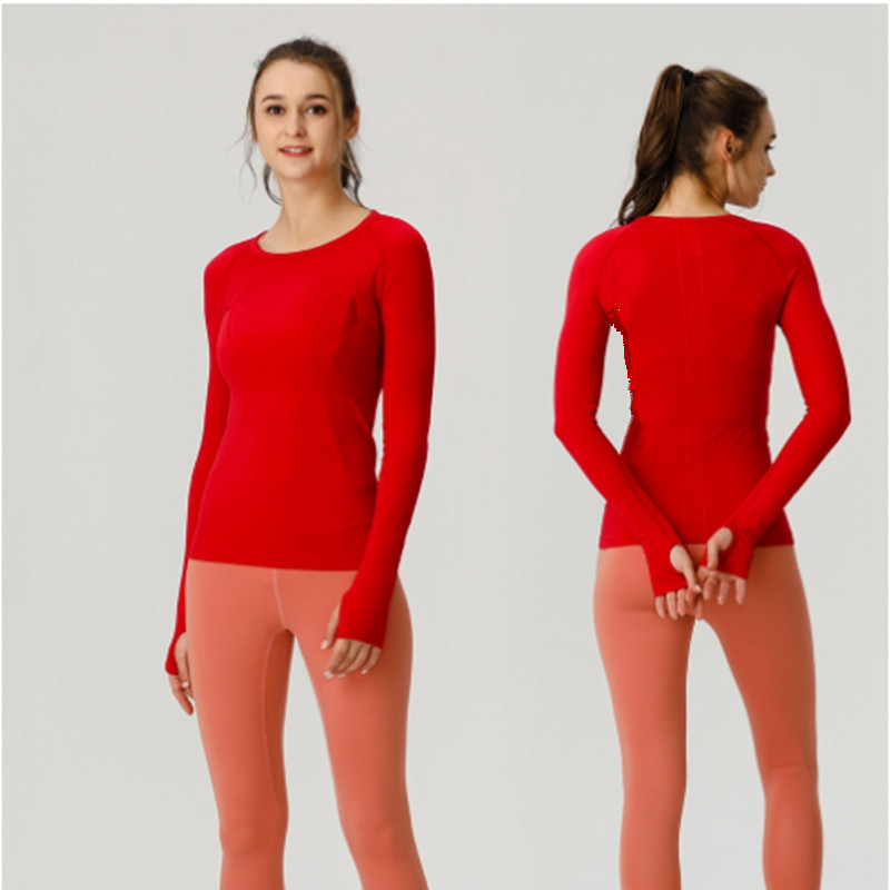 Yoga Women's Slim Fit Long Sleeve Sports Solid Color Top Fitness Shirt Elastic Round Neck Quick Torkning av andningsbar fitnessrum sport som kör varm försäljningstil Lu-068