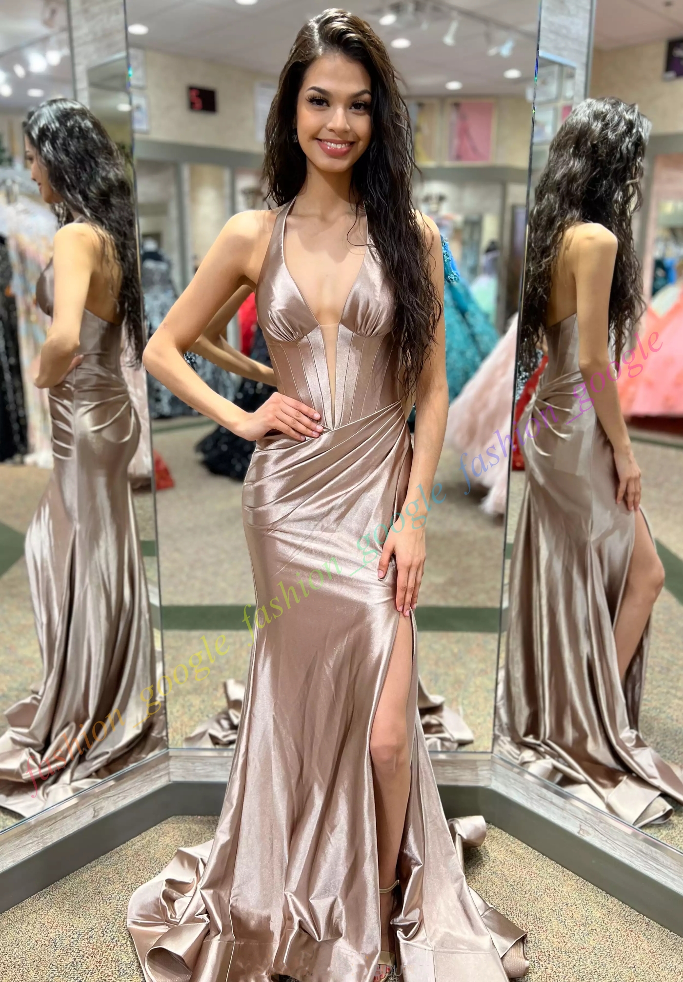 Stretch Satin Formal Party Dress 2K24 Halter V-ringad Lady Pageant Prom Evening Event Special Tillfälle Hoco Gala Cocktail Red Carpet Runway Gown Photoshoot Slit Gold