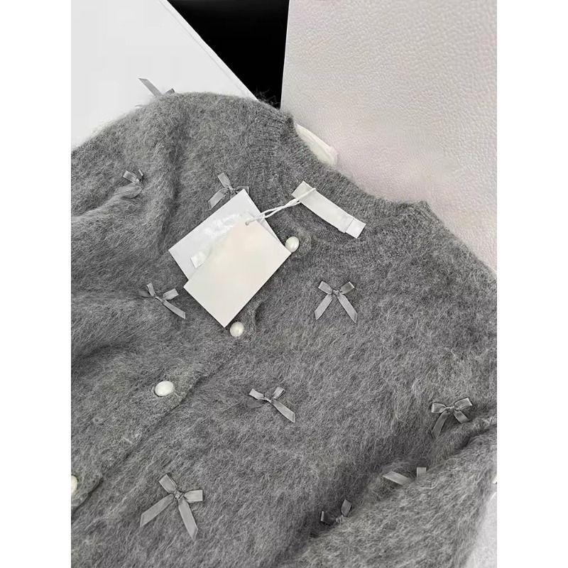 Women's o-neck bow patched cute gray color mohair wool knitted sweater cardigans XSSML
