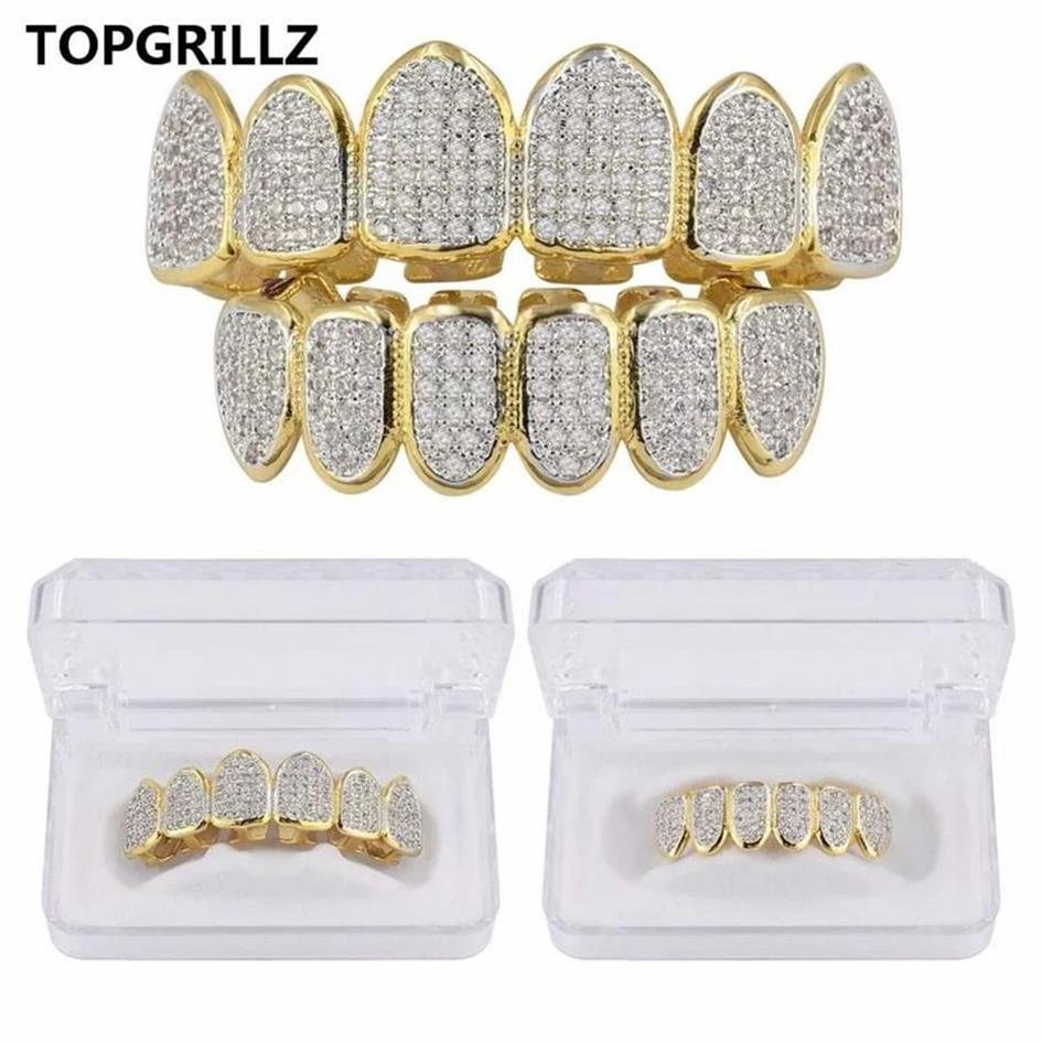 Hip hop gelado para fora cz dentes de ouro grillz tampas superior e inferior diamante dente grillzs conjunto para homens mulheres presente grills335d