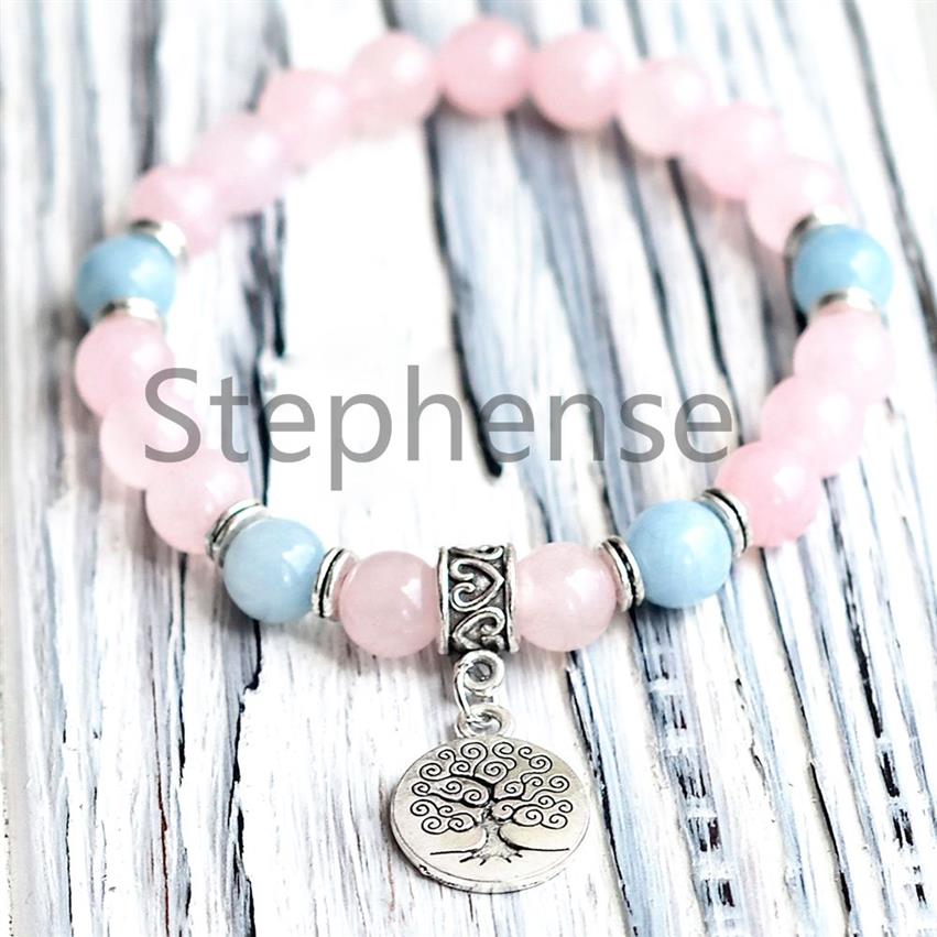 MG0640 Pulseira feminina de quartzo rosa de grau Aquamarine Energia Pulseira Árvore da Vida Charme Yoga Mala Bracelet323B