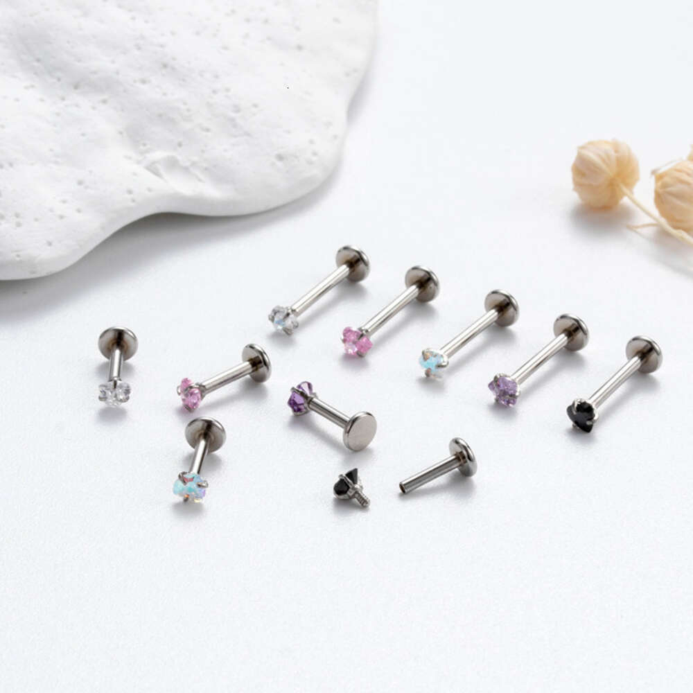 Brillant 1.2x6/8/10x3mm coloré lèvre clou boucle d'oreille clou coeur cubique Zircon acier inoxydable fil interne chirurgical en acier inoxydable Cartilage clou Piercing bijoux de corps