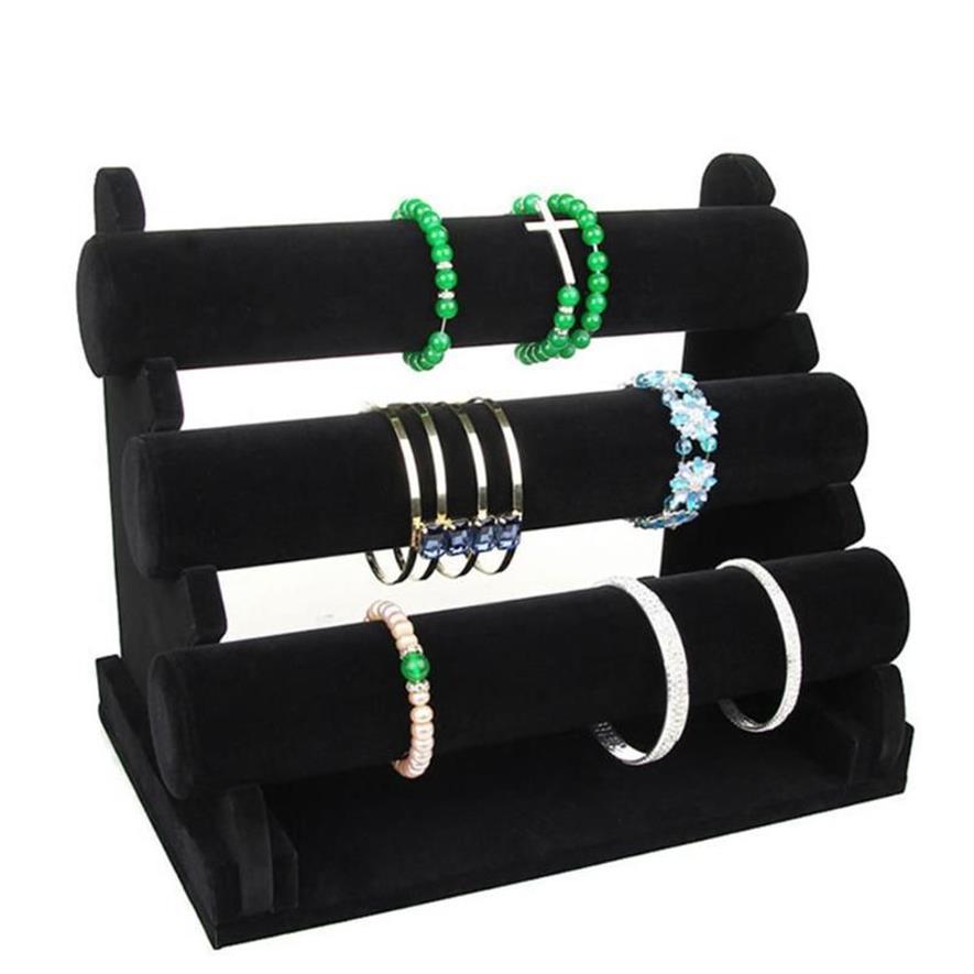 Zwart Fluwelen 3-Tier Sieraden Armband Horloge Bangle Display Houder Stand Showcase T-bar Opslag Ketting Bangle Organizer205x
