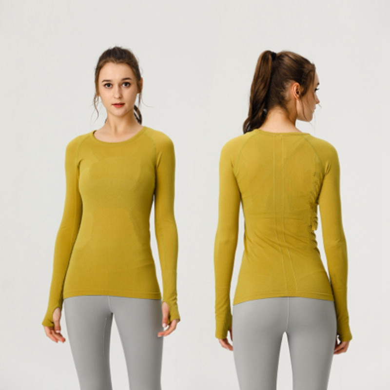 Yoga Women's Slim Fit Long Sleeve Sports Solid Color Top Fitness Shirt Elastic Round Neck Quick Torkning av andningsbar fitnessrum sport som kör varm försäljningstil Lu-068