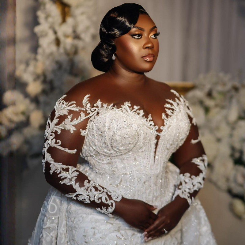 Plus Size Aso Ebi Wedding Dresses Sheer Neck Illusion Long Sleeves Tulle Lace Bridal Gowns with Detachable Train for Nigeria Black Women Mermaid Marriage Dress D097