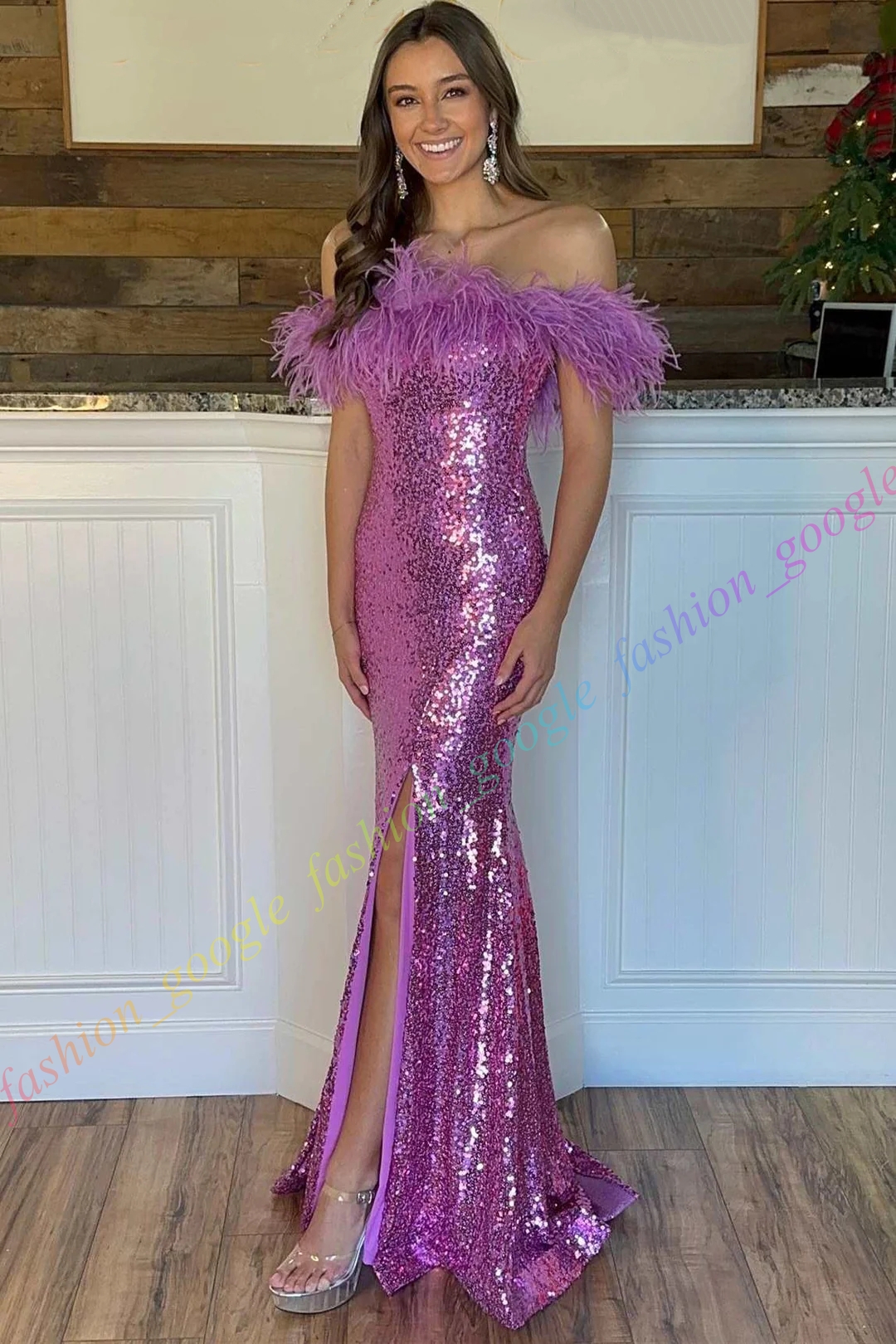 Sparkling Sequin Formal Party Dress 2k24 High Slit Lady Pageant Prom Evening Event Hoco Gala Cocktail Red Carpet Runway Gown Photoshoots Feather Off-Shoulder Lilac