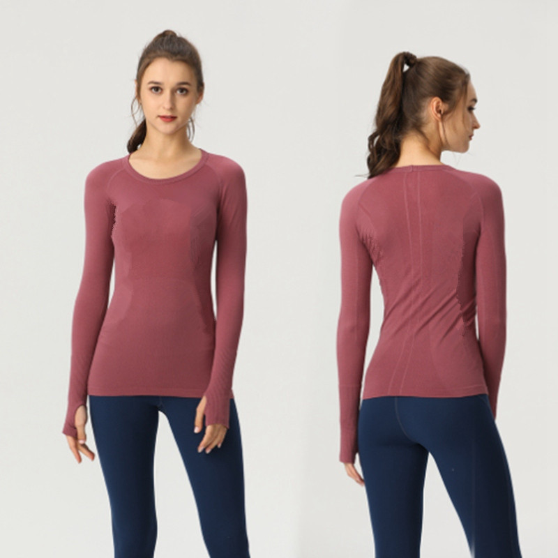 Yoga Women's Slim Fit Long Sleeve Sports Solid Color Top Fitness Shirt Elastic Round Neck Quick Torkning av andningsbar fitnessrum sport som kör varm försäljningstil Lu-068