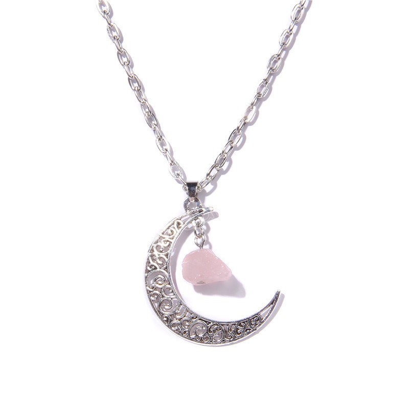 Crescent Moon Charms Raw Reiki Healing Stone Crystal Crystal Quartz Link Stain Necklace for Women Jewelry