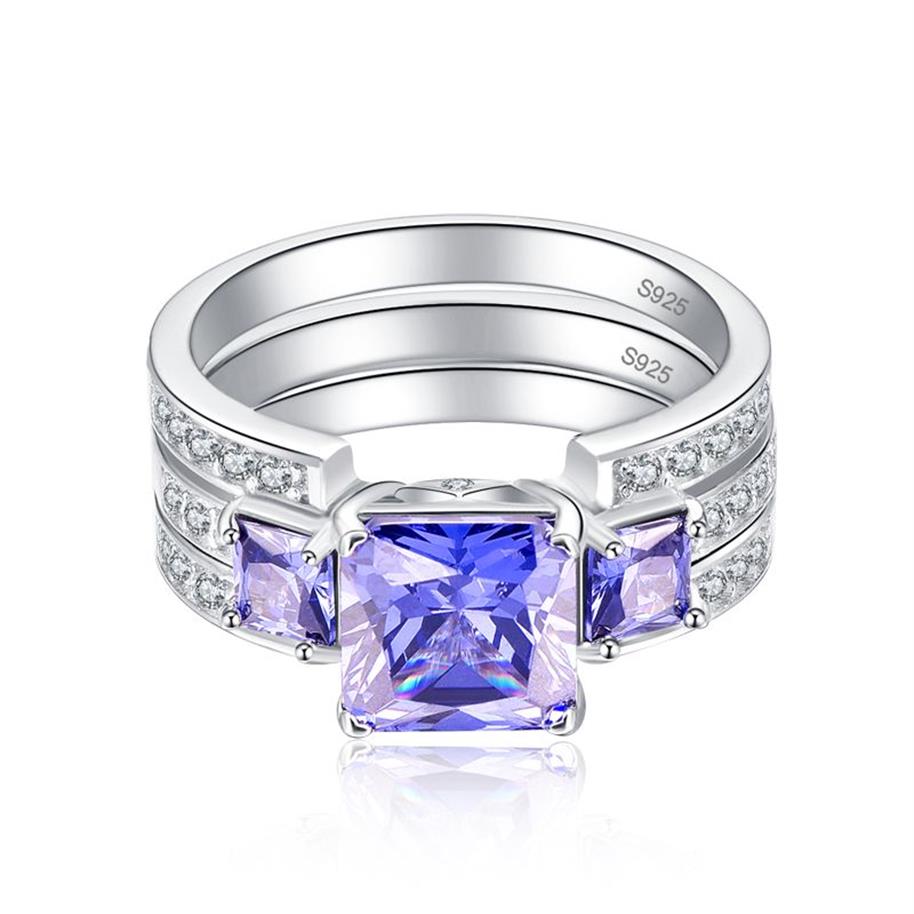 BONLAVIE 4Ct creado tanzanita 925 anillos de compromiso de plata esterlina 2 uds conjunto de anillos de boda bisutería para mujer joyería fina 318g