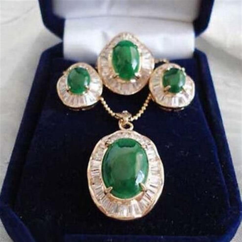 Conjunto de brincos e colar com pingente de zircônia cúbica verde esmeralda Jade 18KGP 241z