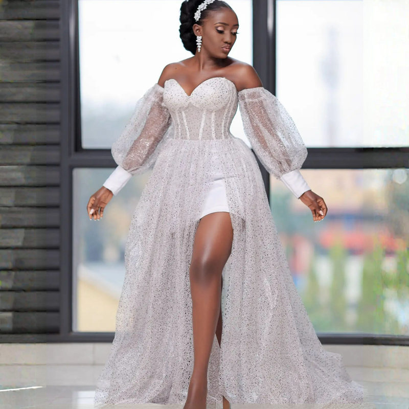 Abiti da sposa stile country da spiaggia la sposa scollo a cuore abiti da sposa sexy con spacco alto donne nere africane ragazze abito da matrimonio illusione D183