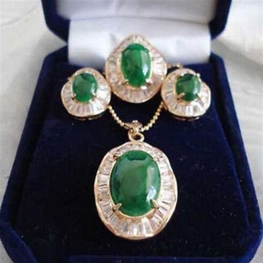 Conjunto de brincos e colar com pingente de zircônia cúbica verde esmeralda Jade 18KGP 241z