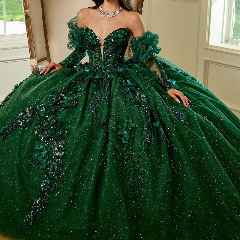 Emerald Green Quinceanera Dresses Flower Tulle Beading Off The Shoulder Party Dress Appliques Lace Up Court Train Prom Ball Gown