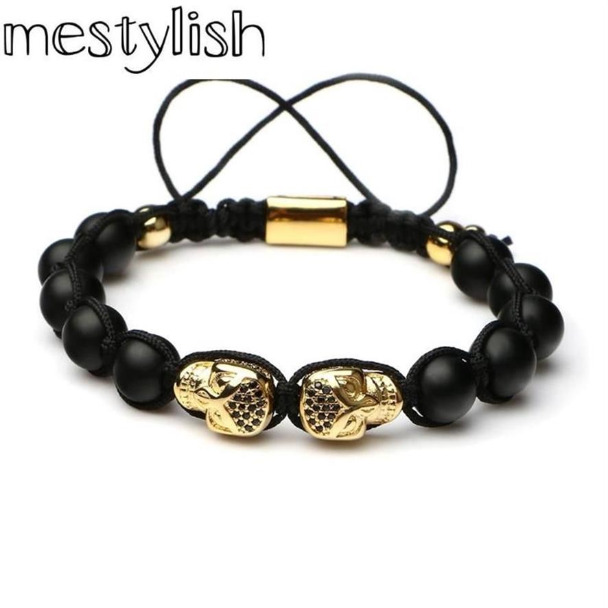 Mestylish Dubbele Schedel Natuursteen Kralen Vlechten Macrame armband Skeleton Knit Handgemaakt voor Mannen Sieraden Pulsera264h