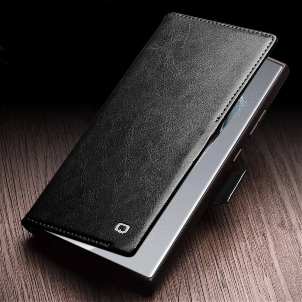 Qialino Galaxy S24 Ultra S24+ S24 카드 포켓 홀더 커버를위한 Qialino Genuine Cowhide Leather Magnetic Flip Case