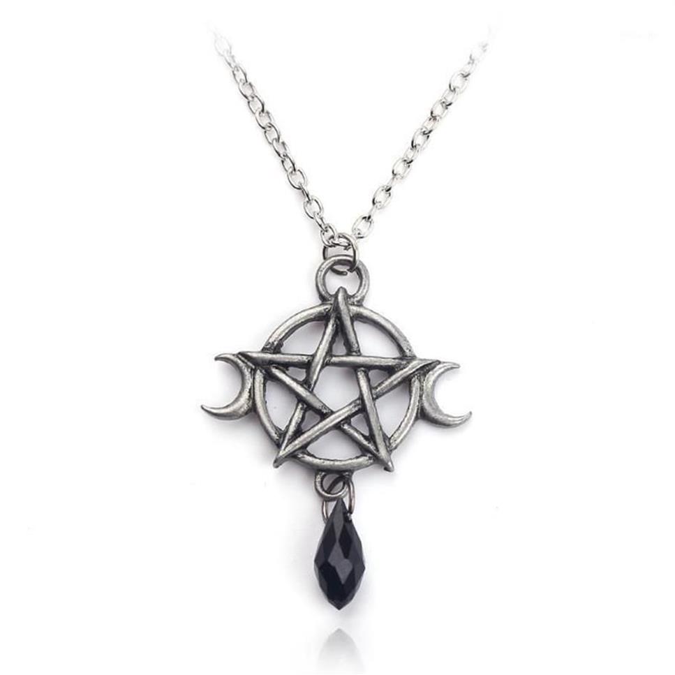 Collana con pentagramma luna soprannaturale Ciondolo in cristallo nero Protezione strega Amuleto stella donne Accessori di gioielli con ciondoli Regalo1349T