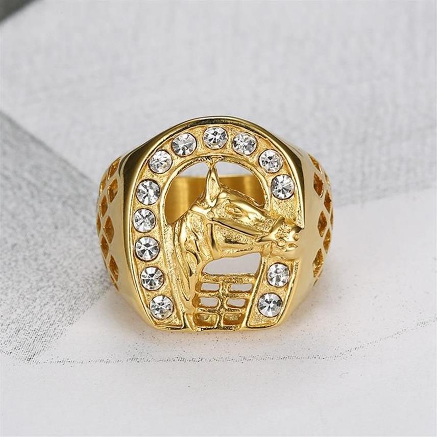 Cluster Ringe Hip Hop Micro Pave Strass Iced Out Bling Pferd Ring IP Gold gefüllt Titan Edelstahl für Männer Schmuck2065