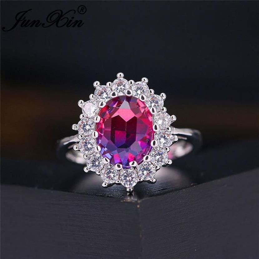 Wedding Rings Mystic Rainbow Fire Crystal Stone Sunflower For Women Silver Color Oval Blue Red Pink Zircon Bands Jewelry Cz282w