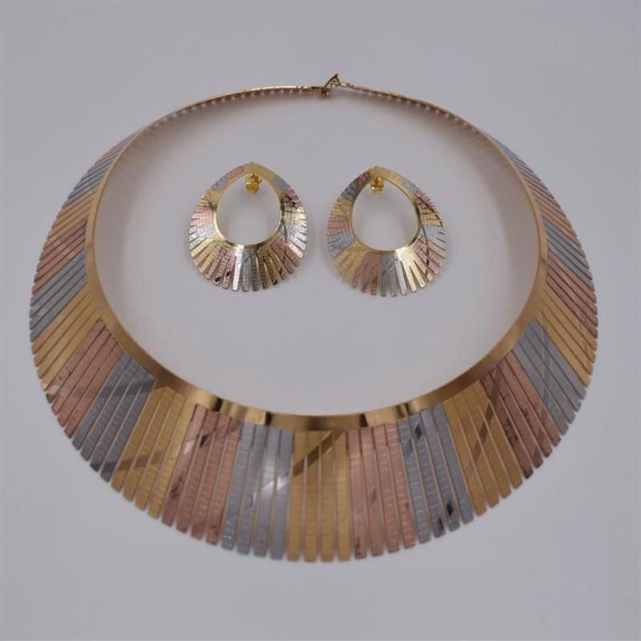 Brincos colar de alta qualidade dubai conjuntos de jóias de ouro 3 cores brinco e pingente para senhora presentes de festa mulheres africanas set291h