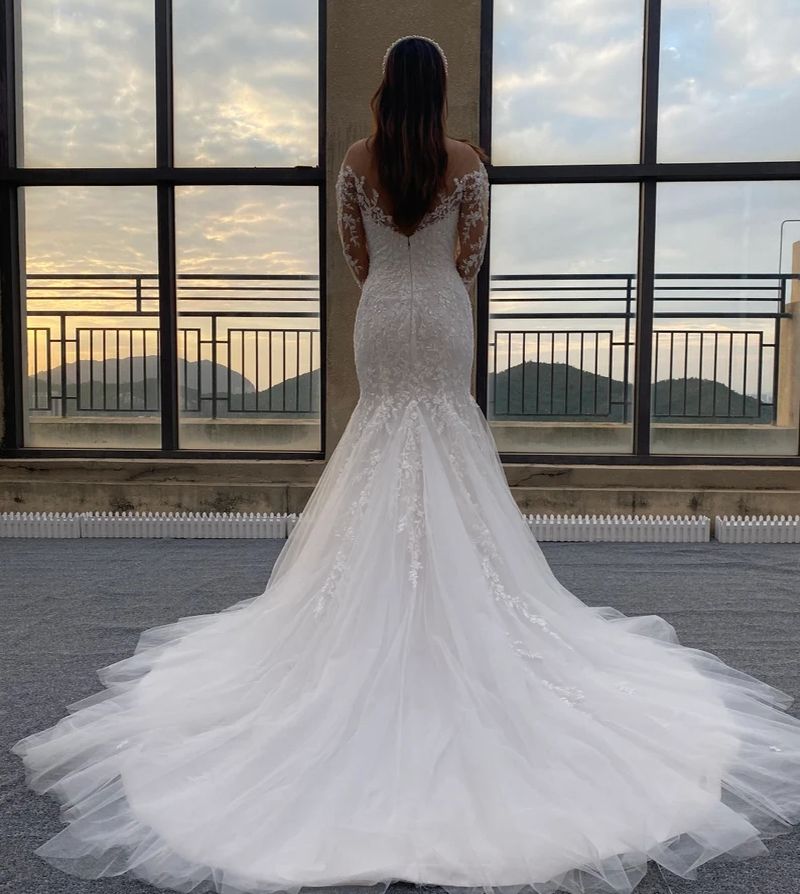 2024 Abiti da sposa sexy Abiti da sposa Applicazioni in pizzo Perline di cristallo Illusione Sirena Maniche lunghe Paese personalizzato Taglie forti Sweep Train Overskirts