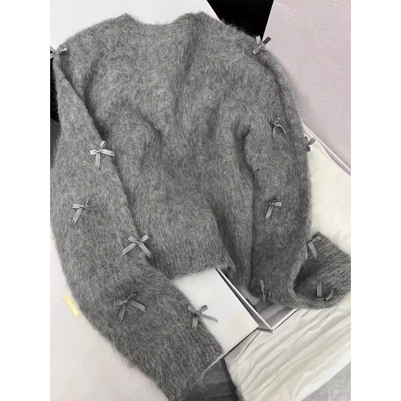 Women's o-neck bow patched cute gray color mohair wool knitted sweater cardigans XSSML