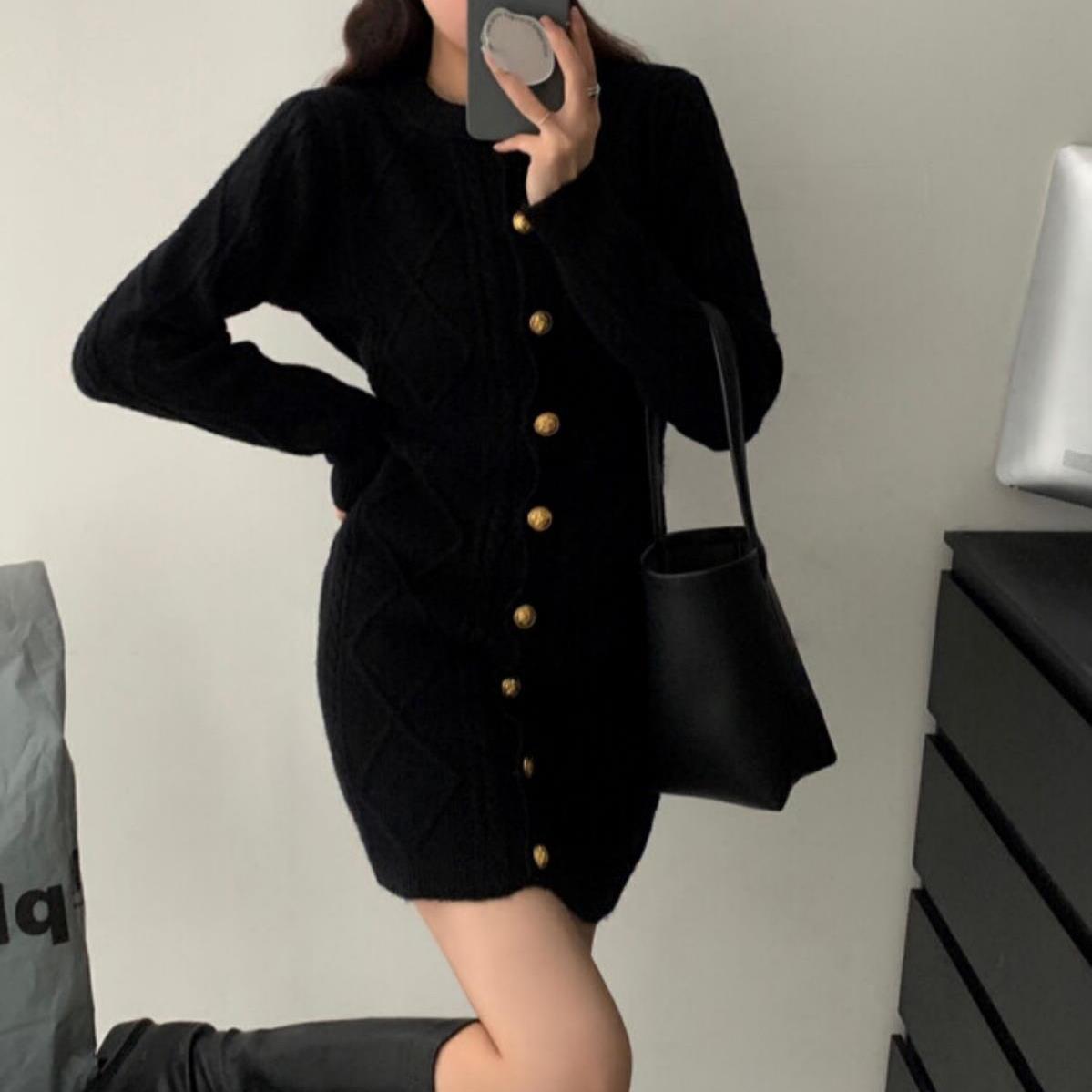 Women's o-neck long sleeve coarse wool knitted slim waist short dress SMLXL