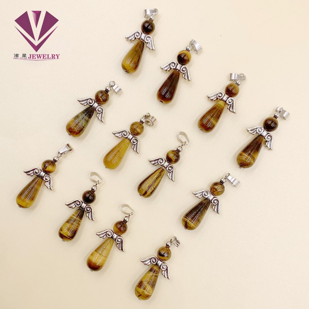 Tiger Eye Stone Earring Accessories Pendant Halsband Rostfritt stål Runda bollhuvud Angelformad Natural Stone Amethyst Obsidian Agate Round Ball Pendant