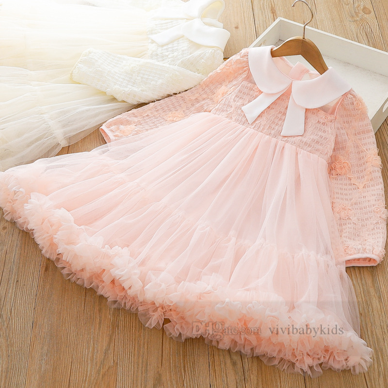 2024 Spring Girls Stereo Flowers Pink Lace Tulle klänningar Kids Doll Lapel Långärmad GASE GASE PRINCESS DRESS VALENTINE'S DAY BARN PARTLESS Z6399