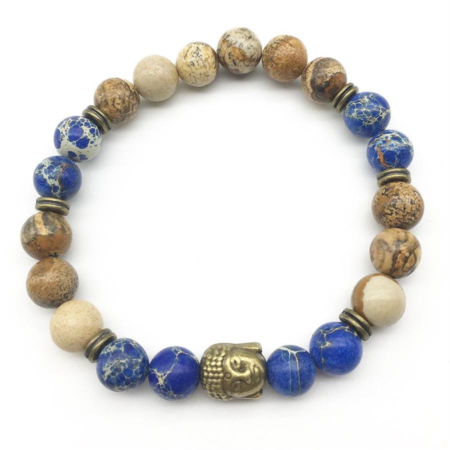 SN1281 Trendy Designer Boeddha Hoofd Armband Set Foto Jasper Donkerblauw Regalite Armband Levensboom Natuursteen Jewelry251s