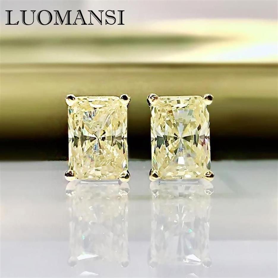 Stud Luomansi 100%-S925 Sterling Zilver Glinsterende Rechthoek Wit Geel High Carbon Diamanten Oorbellen Vrouw Jewelry273l