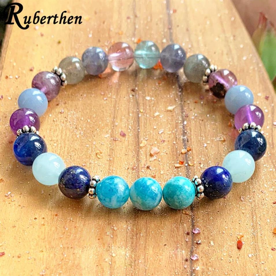 MG1003 Echte Blauwe Apatiet Chakra Armband Regenboog Fluoriet Mala Armband Natuurlijke Aqua Marine Lapis Lazuli Energie Armband262K