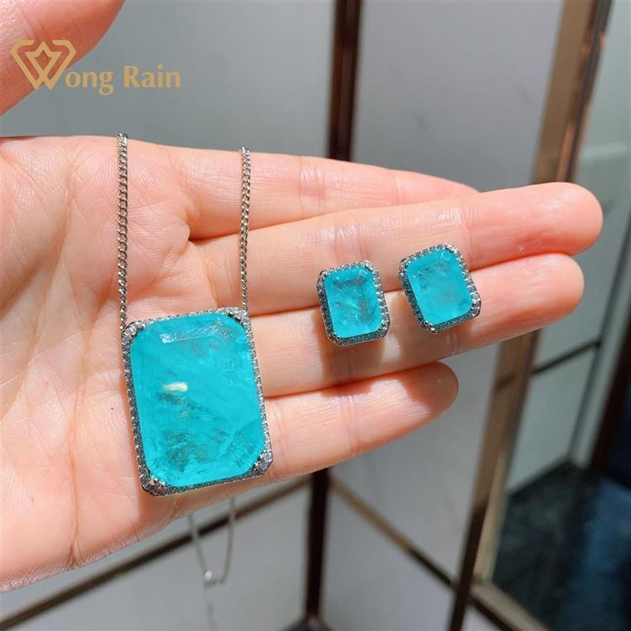 Wong Rain Luxe 100% 925 Sterling Zilver Paraiba Toermalijn Edelsteen Oorbellen Hanger Ketting Bruiloft Sieraden Sets Hele Q12286t