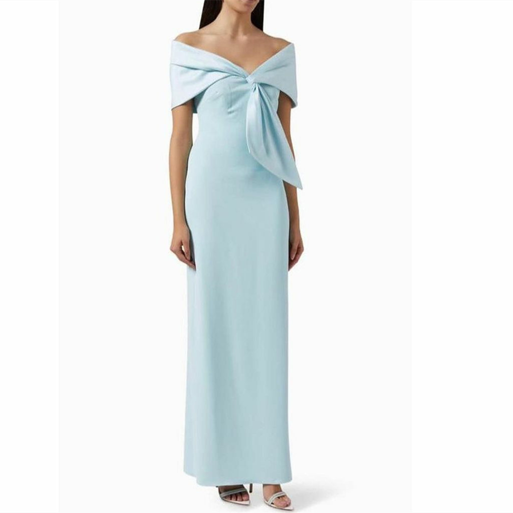 Elegant Long Light Blue Crepe aftonklänningar med slitshölje av axel veckad ankel längd promenad party klänningar för kvinnor