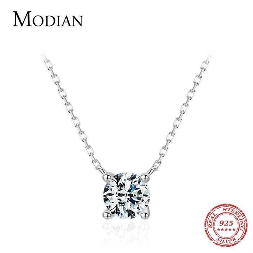 Modian Klassieke 925 Sterling Zilver Ronde Eenvoudige Clear CZ Ketting Kettingen Hanger Voor Vrouwen Bruiloft Engagement Statement Sieraden 21218S